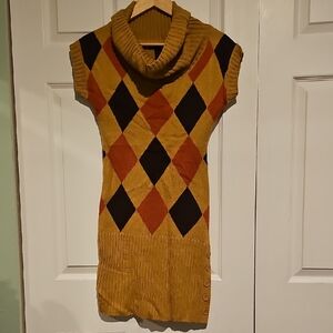 Knit Minded Mustard Argyle Cowl Neck Sweater Dress – Size M
